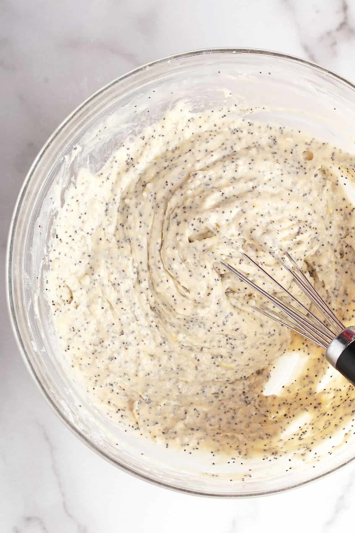 Muffin batter in a glass bowl