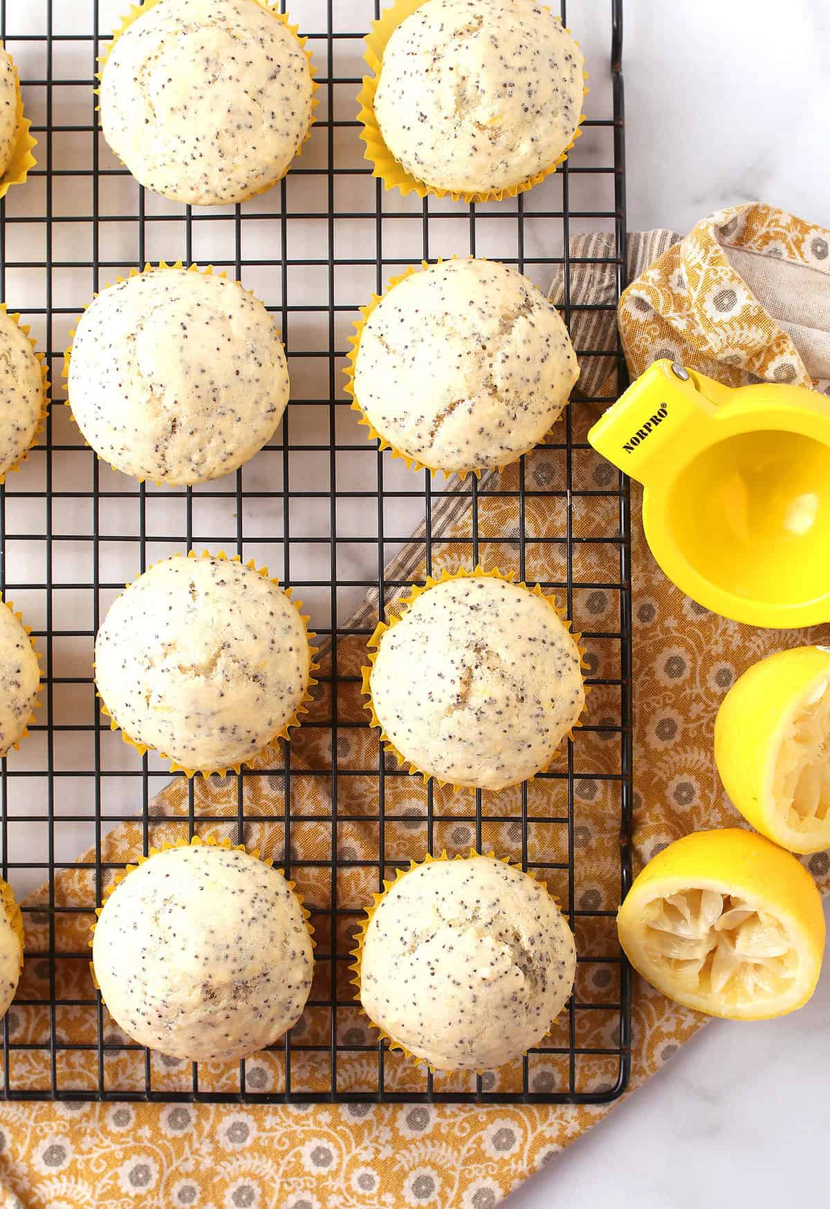 Finished muffins on a wire cooling rack