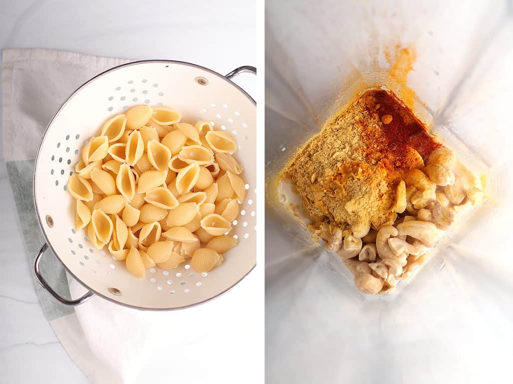 Cooked pasta noodles in a colander