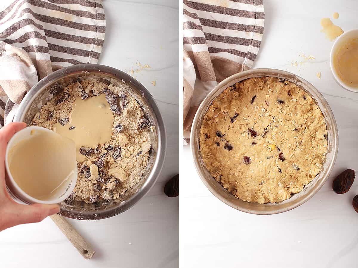 Finished scone dough pressed into an 8" cake pan. 