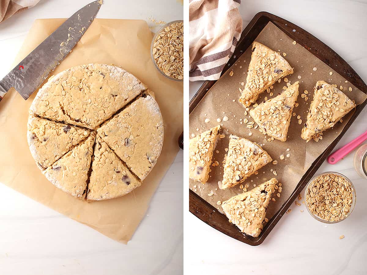 Scones cut into triangles and placed onto a parchment-lined baking sheet. 