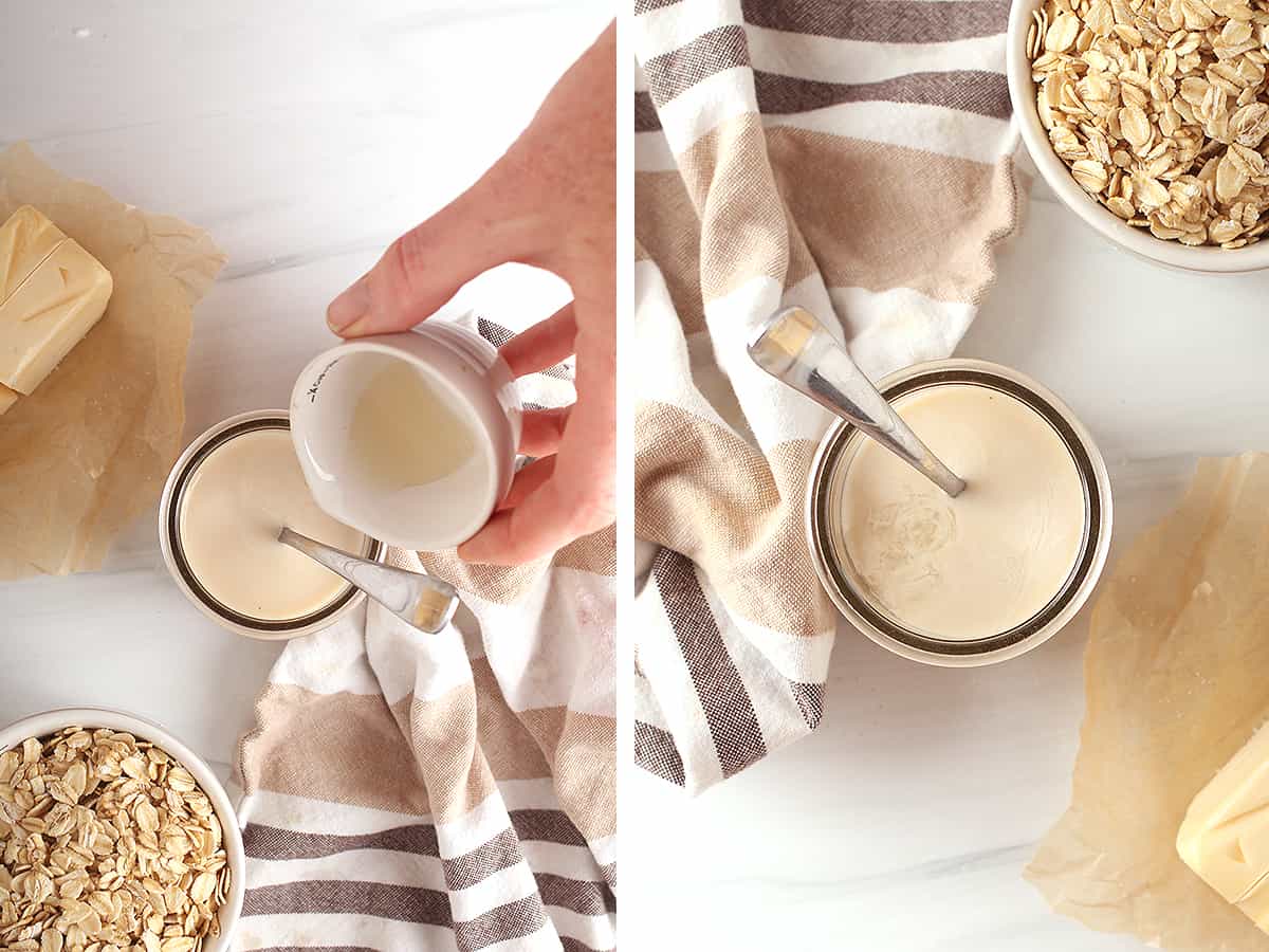 Apple cider vinegar poured into a glass of soy milk and stirred together with a fork. 