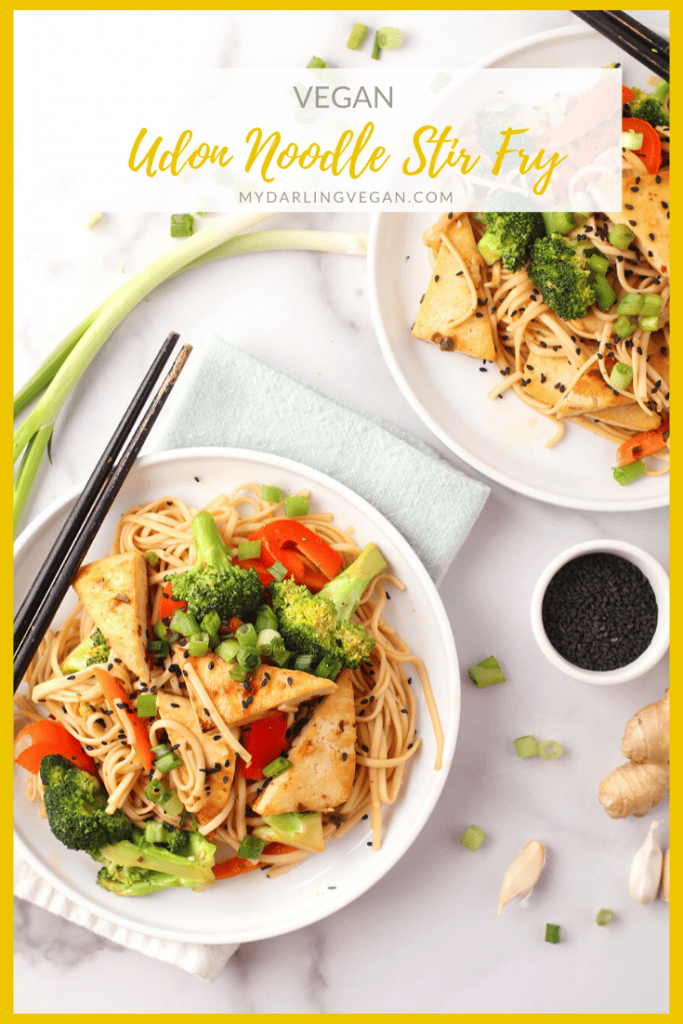 Delicious Udon Noodle Stir Fry made with crispy tofu, broccoli, peppers, and carrots. It's covered in a sweet ginger sauce for a hearty vegan and gluten-free meal that the whole family will love.