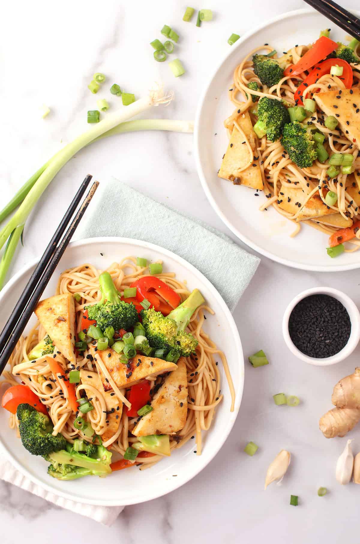 Udon Noodle Stir Fry on two white plates