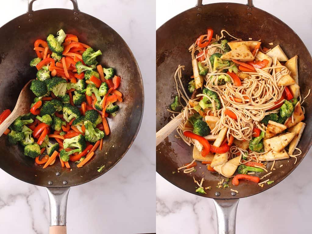 Broccoli, peppers, and carrots in large wok