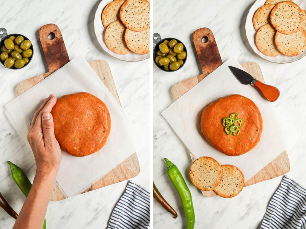 molding cheese into wheel