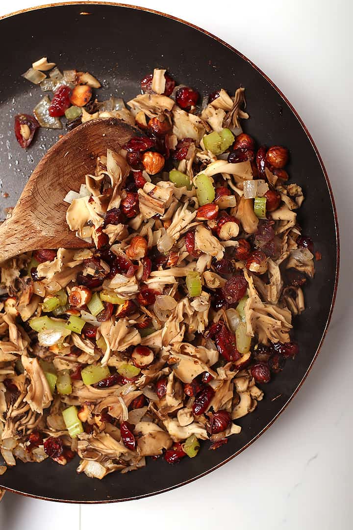 Mushroom hazelnut filling in sauté pan