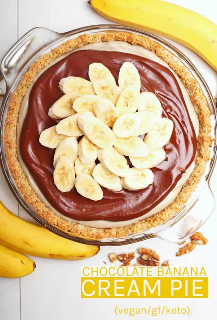 Delicious vegan Banana Chocolate Cream Pie. Layers of banana and chocolate mousse topped with shredded coconut and fresh bananas for a gluten-free and naturally sweetened wholesome dessert.