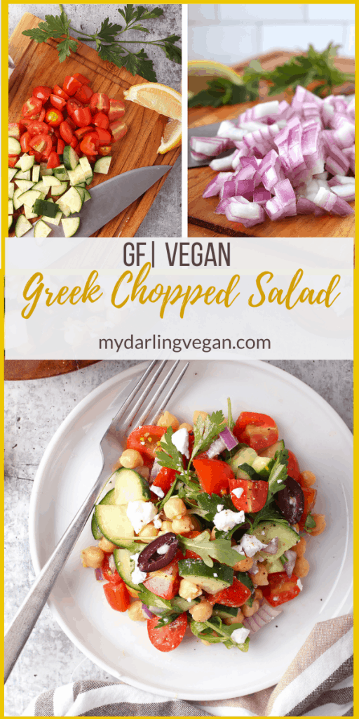 This Greek Chopped Salad is made with chickpeas, tomatoes, cucumbers, and olives all tossed in fresh lemon juice and olive oil for a refreshing vegan and gluten-free light meal or side dish. Made in just 10 minutes!