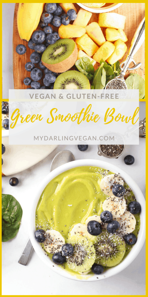 A Tropical Green Smoothie Bowl filled with mango, banana, and pineapple and topped with the BEST superfoods such as coconut and chia seeds. It's a refreshing and hearty meal that will fuel you up for hours.