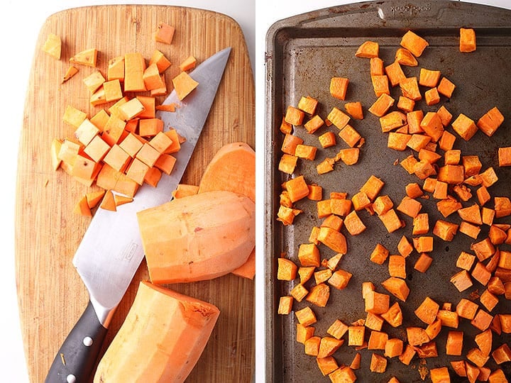 Chopped and roasted sweet potatoes