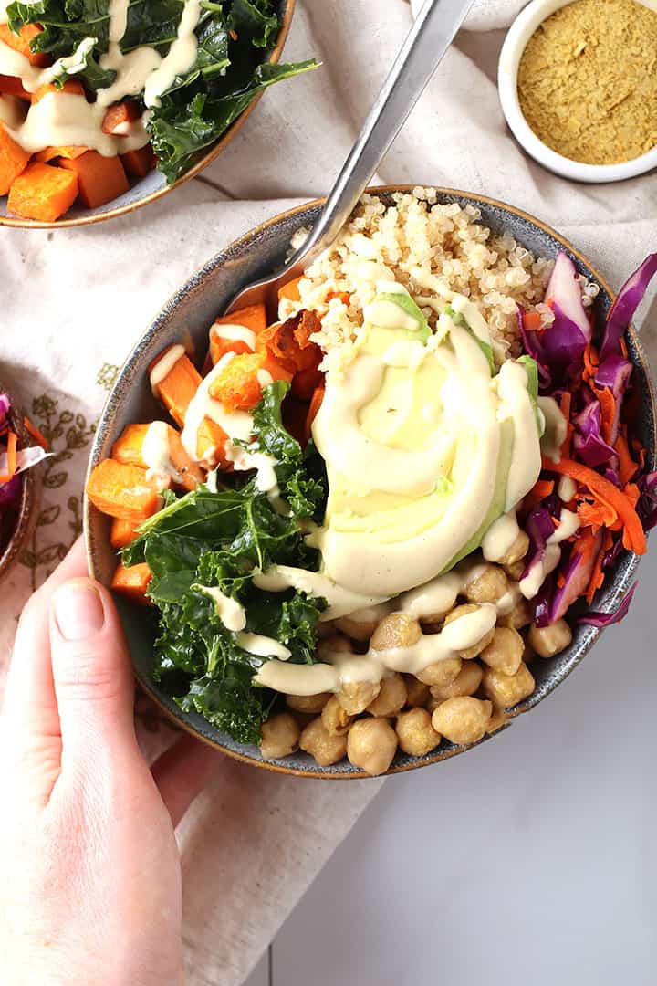 Vegan Buddha Bowl with cheesy garlic dressing