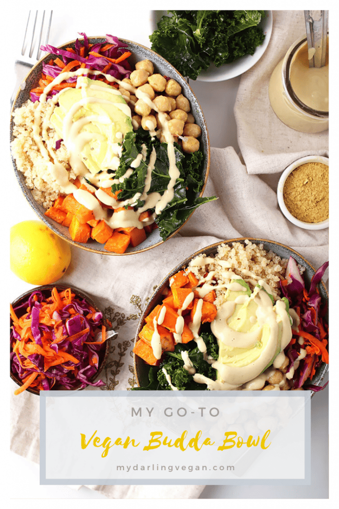 You’re going to love this vegan Buddha Bowl. Filled with sweet potatoes, chickpeas, cabbage slaw, and kale, this bowl has it all. It’s all topped with your choice of creamy garlic sauce or Thai peanut sauce for a healthy and delicious gluten-free meal.