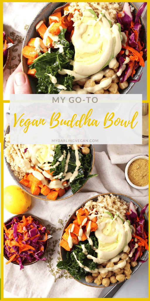 You’re going to love this vegan Buddha Bowl. Filled with sweet potatoes, chickpeas, cabbage slaw, and kale, this bowl has it all. It’s all topped with your choice of creamy garlic sauce or Thai peanut sauce for a healthy and delicious gluten-free meal.