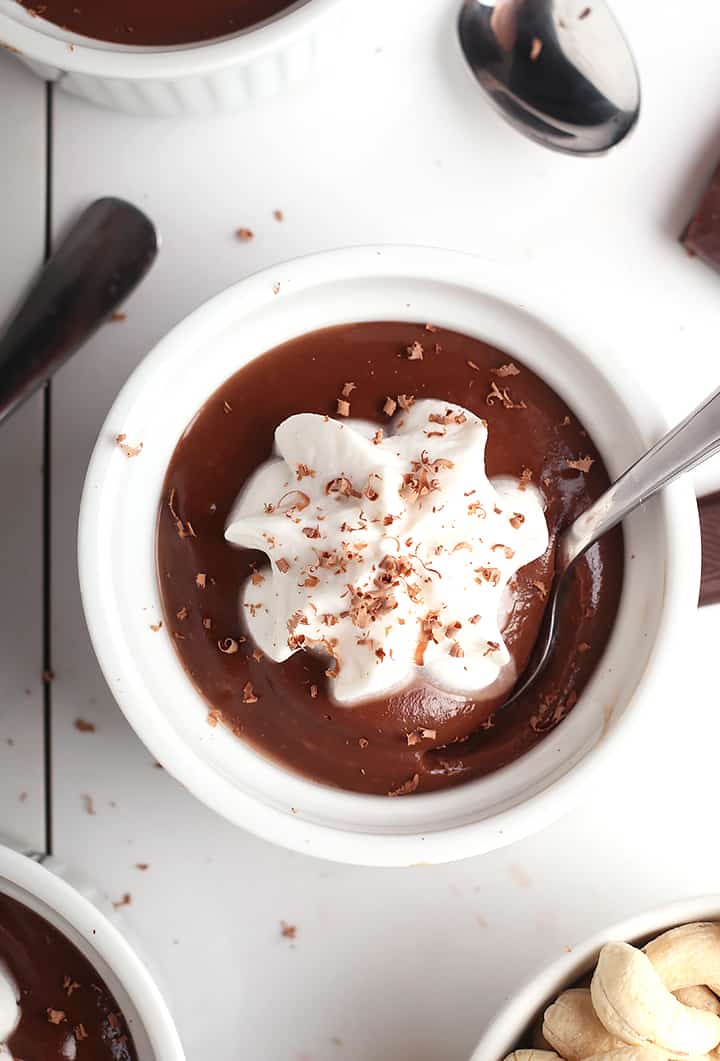 Close up vegan pots de creme with spoon