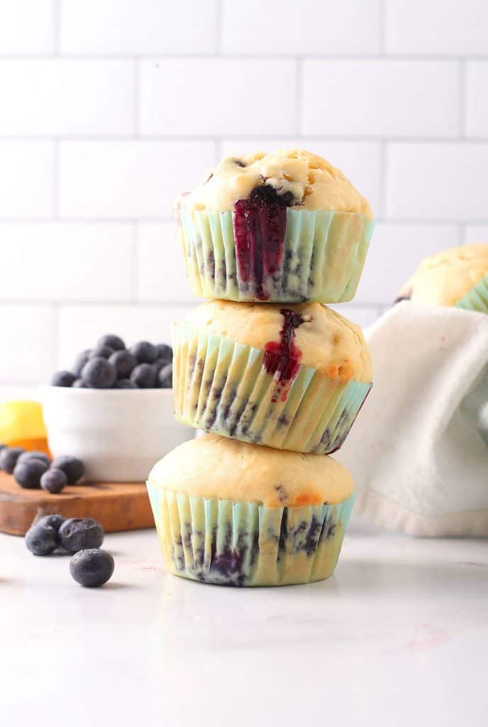 Stack of three vegan blueberry muffins