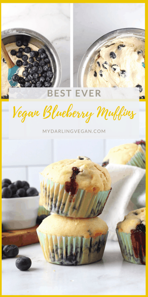 The perfect vegan blueberry muffins! These muffins are soft, sweet, perfectly moist, and filled with fresh blueberries in every bite. Made with a hint of lemon to take these muffins to the next level. 