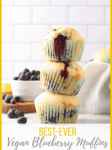 The perfect vegan blueberry muffins! These muffins are soft, sweet, perfectly moist, and filled with fresh blueberries in every bite. Made with a hint of lemon to take these muffins to the next level. 