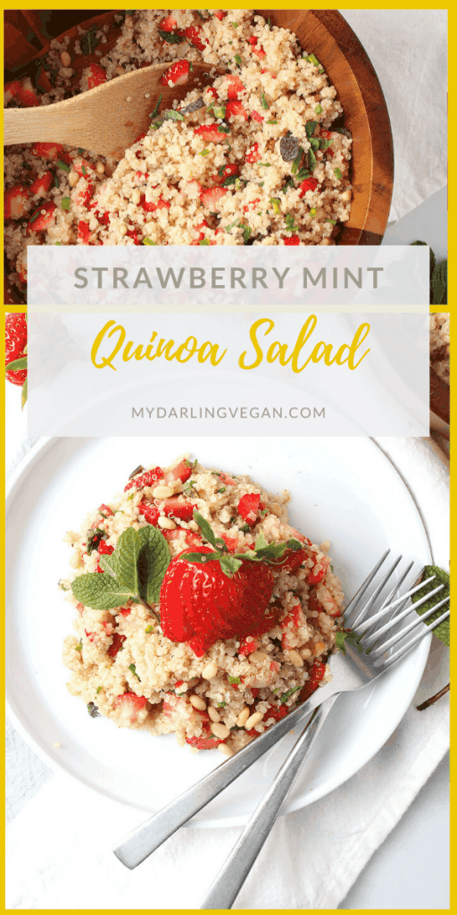 You're going to love this delicious Strawberry Mint Vegan Quinoa Salad. It is tossed with homemade Lemon Vinaigrette for a simple and refreshing cool summer salad. Serve it at your next vegan potluck or BBQ. 