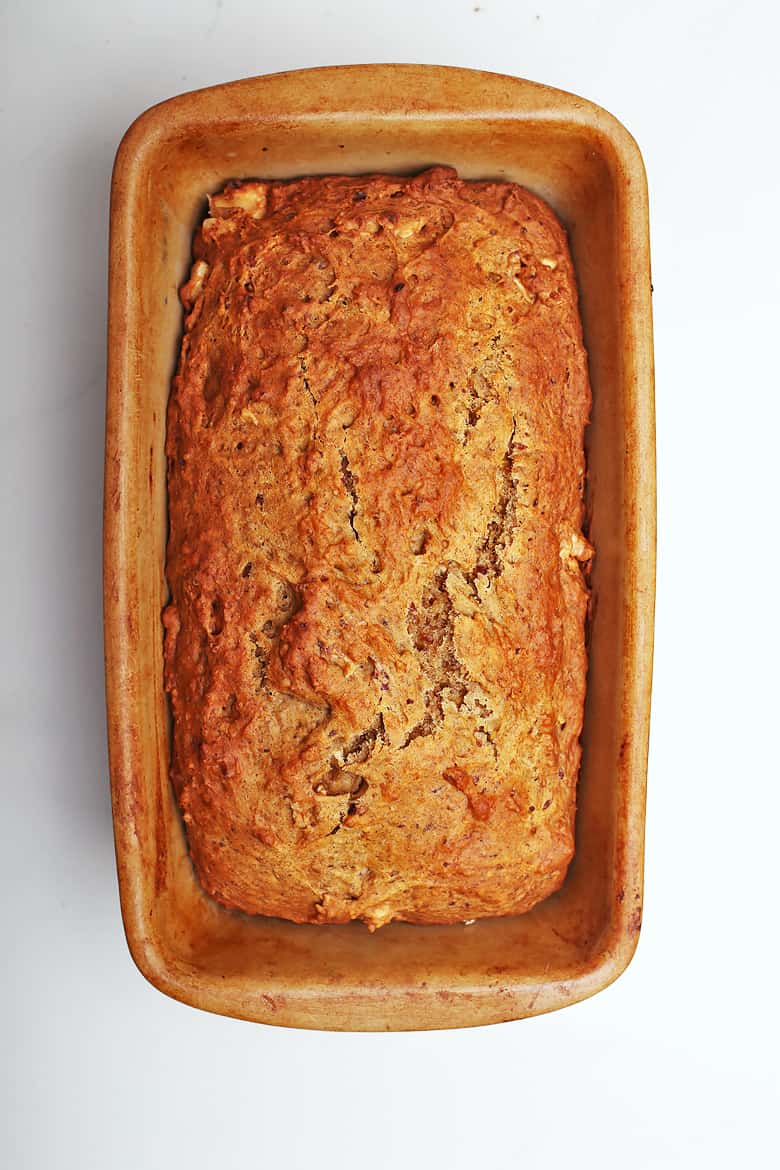 Vegan banana bread in a loaf pan