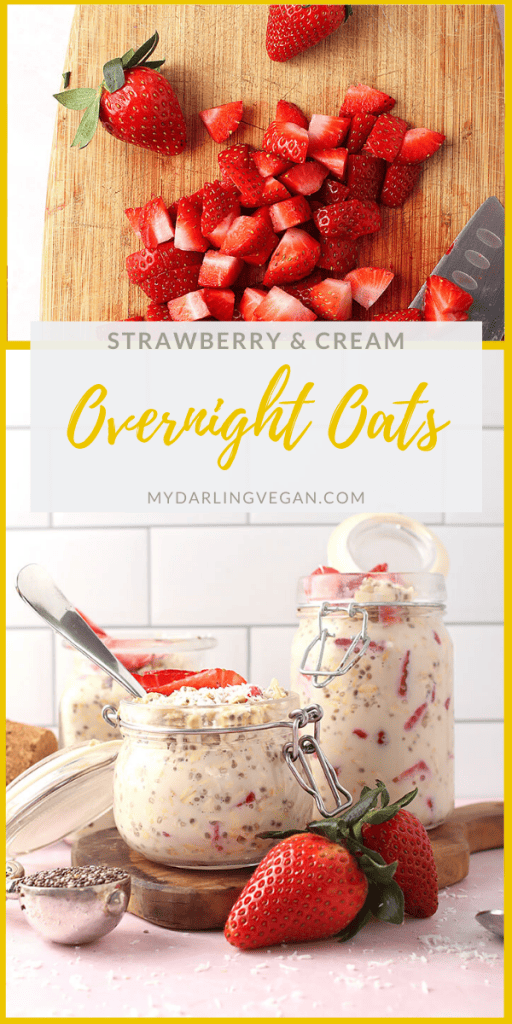 Wake up to this delicious grab-and-go breakfast. These vegan Strawberry Overnight Oats are a hearty, sweet, satisfying, and wholesome meal. Throw them together in just 5 minutes for a quick and easy breakfast all week long.