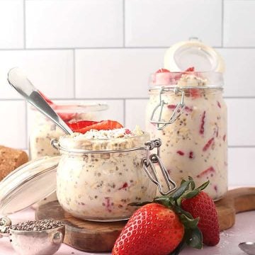 Strawberry Overnight Oats in 3 glass containers