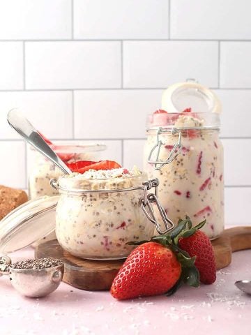Strawberry Overnight Oats in 3 glass containers