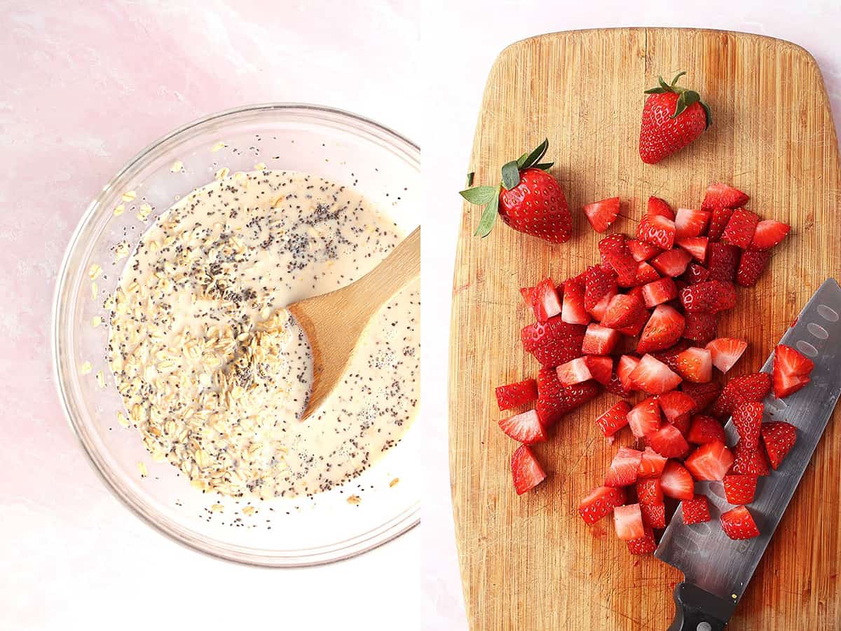 Oats, milks, and chopped strawberries in a mixing bowl