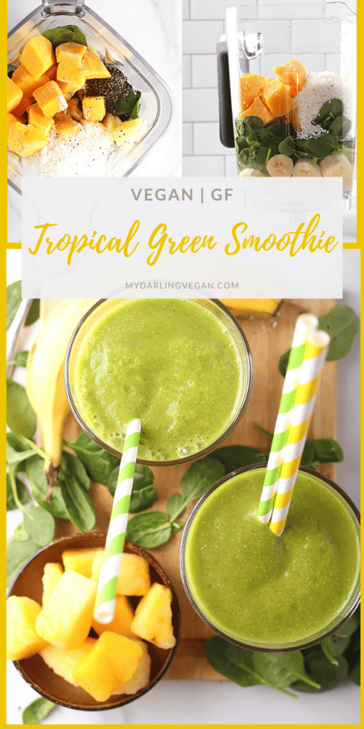 Rehydrate yourself with this refreshing tropical green smoothie. It's made with mangos, coconut, bananas, and spinach. Finished in just 5 minutes for an energizing and wholesome breakfast or midday meal. 