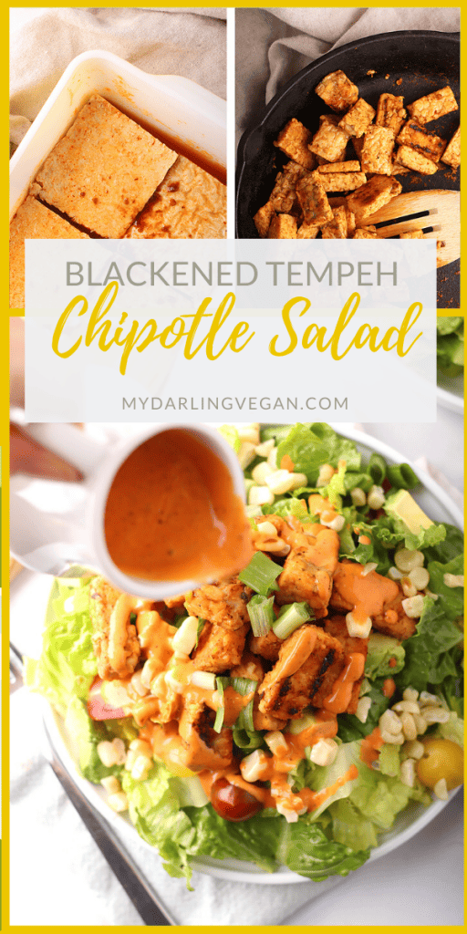 Enjoy the flavors of summer with this blackened tempeh chipotle salad. Tossed with avocado, charred corn, and tomatoes and dressed in a creamy chipotle ranch, this is a vegan and gluten-free salad that everyone will love.