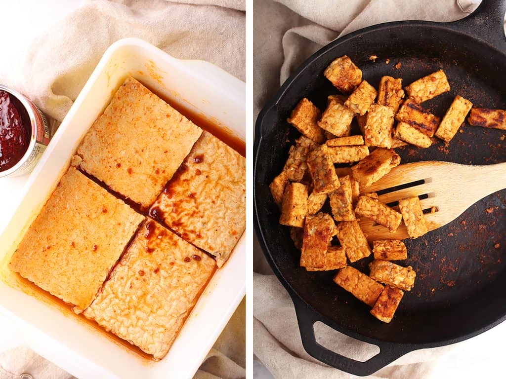 Marinated and grilled tempeh in a cast iron skillet