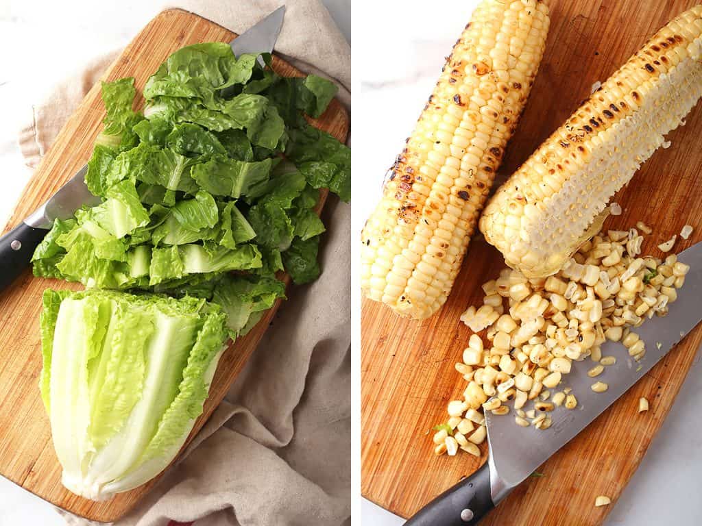 Chopped Romaine lettuce and corn on a cutting board