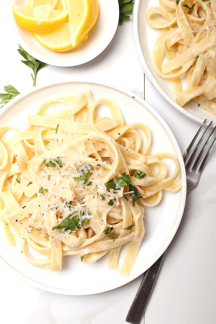 Vegan Fettuccine Alfredo on white plate