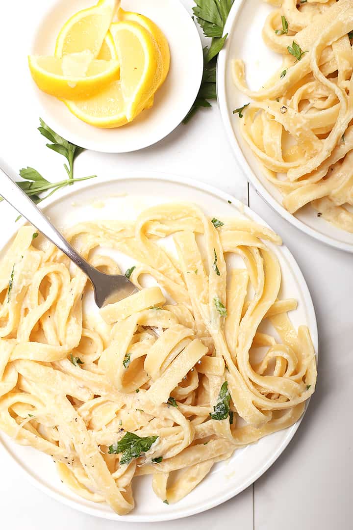 Fettuccine Alfredo wrapped around a fork