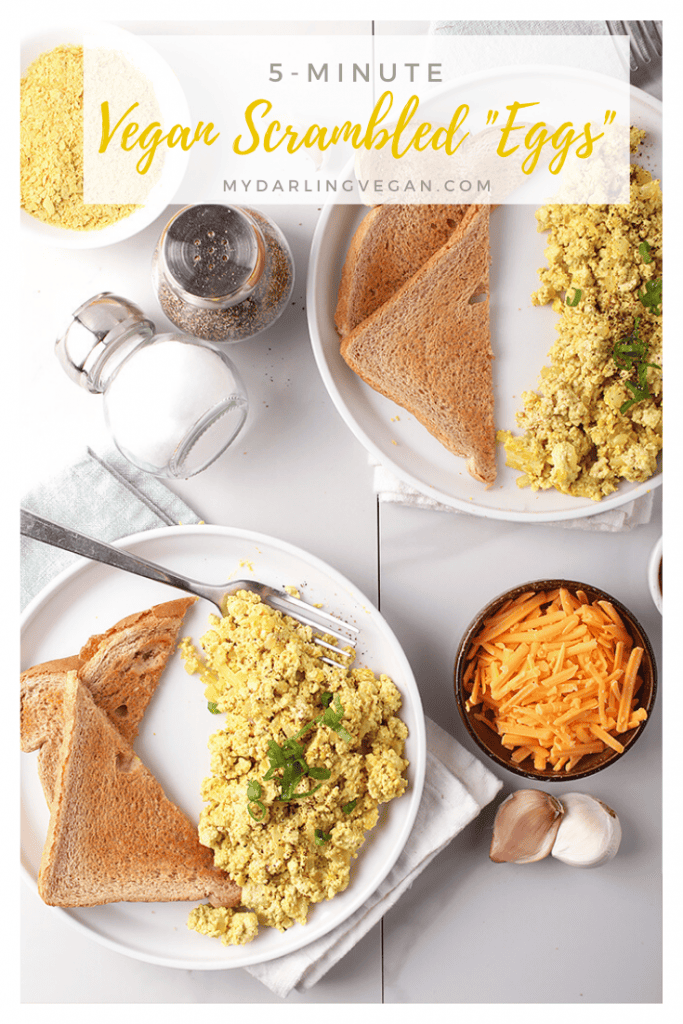 Vegan scrambled eggs at least! These easy vegan scrambled eggs are made with crumbled tofu and flavored with nutritional yeast garlic, and onions for a simple, hearty and healthy 5-minute breakfast. 