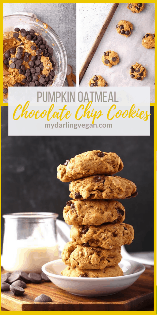 A fall classic: sweet and soft pumpkin chocolate chip cookies with oatmeal flavored with autumn spices and dark chocolate chunks for a sweet treat everyone will enjoy.