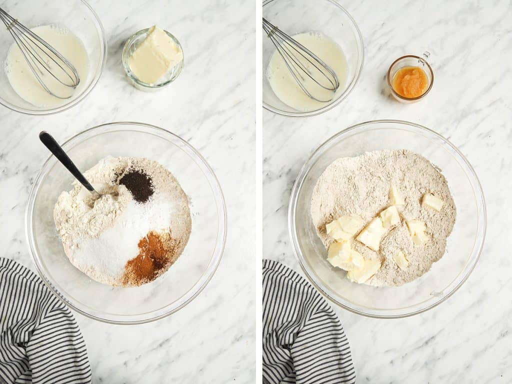 Left: Dry ingredients mixed together in a glass mixing bowl. Right: Blended dry ingredients with cubes of butter cut into the dough. 