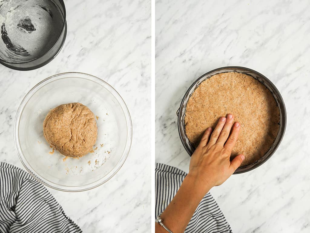 Left, finished scone dough rolled into a ball and placed in a glass bowl. Right, scone dough pressed into an 8" cake pan. 