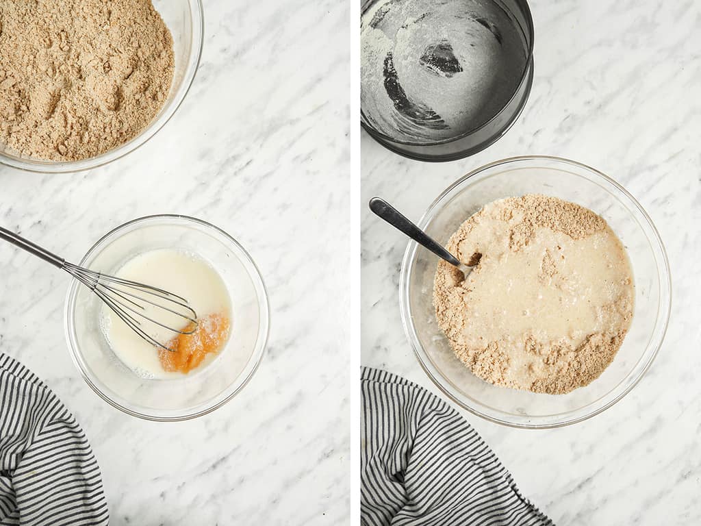 Left, wet ingredients whisked together in a glass mixing bowl. Right, wet and dry ingredients combined in a glass mixing bowl. 