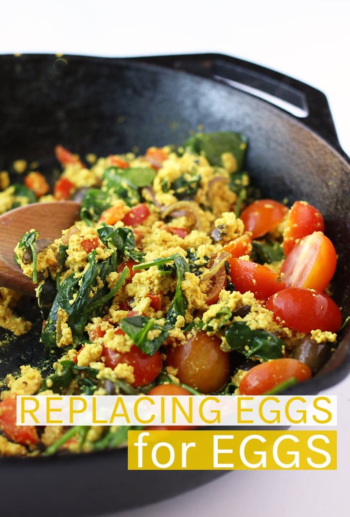 Tofu scramble in a cast iron skillet.