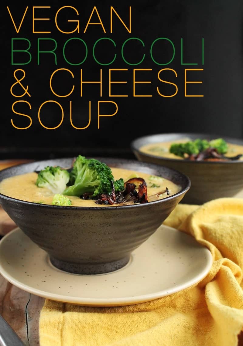 Whip this vegan broccoli cheese soup up in minutes for a hearty, creamy, and so very cheesy way to warm up on a cold winter day. Made with fresh broccoli and vegan cheese sauce for a delicious holiday soup. #vegansoup #vegancheese