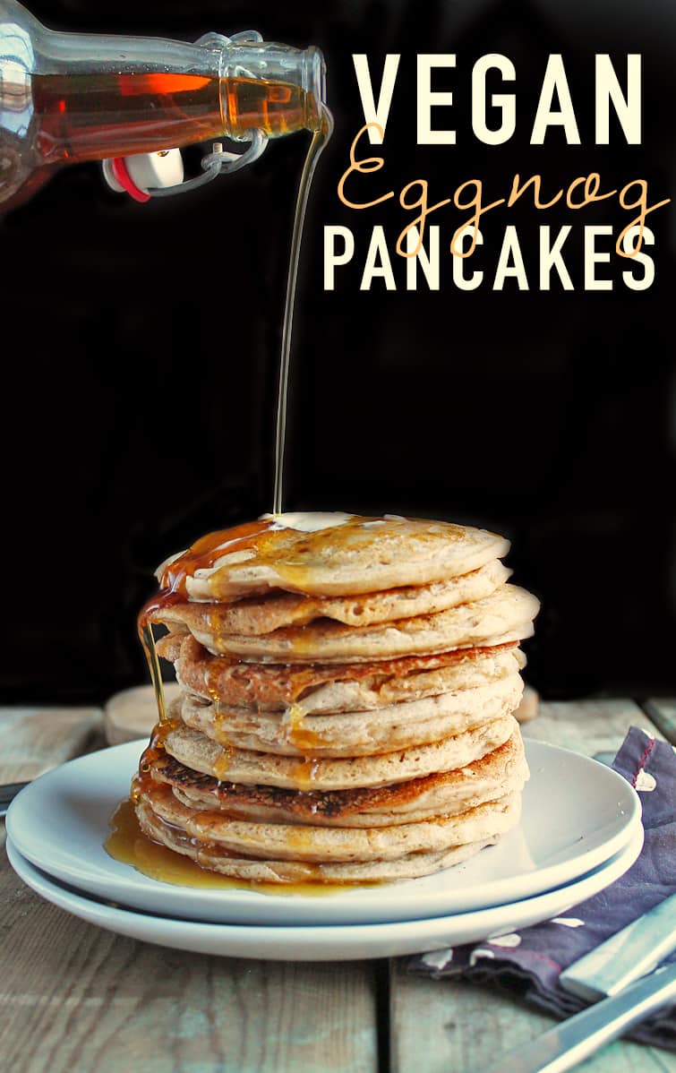 Wake up on Christmas morning to these vegan eggnog pancakes with rum maple syrup for a festive twist on this classic breakfast. Made in just 35 minutes. #eggnog #christmas #pancakes