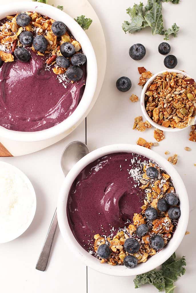 Two vegan blueberry smoothie bowls