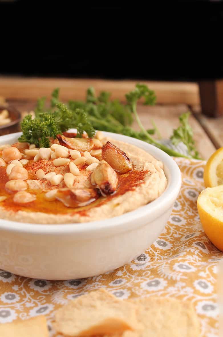 Roasted Garlic Hummus with pine nuts 
