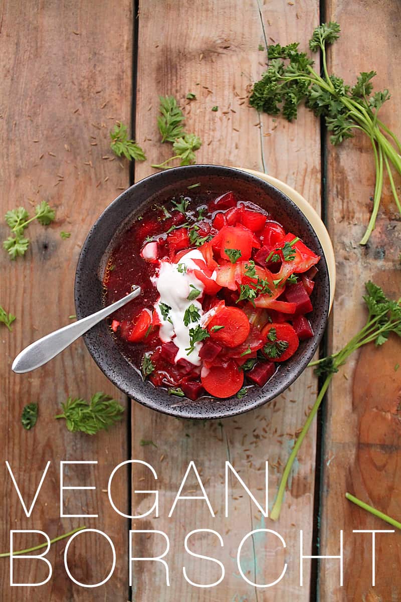 This vegan Borscht is a spin on the classic Ukrainian cabbage soup made with beets and potatoes and seasoned with parsley and caraway seeds for a warm and hearty winter meal that can be made in just 40 minutes. #mydarlingvegan #vegan #vegetarian #beets #borscht #soup #fall #winter #souprecipes #dinnerrecipes