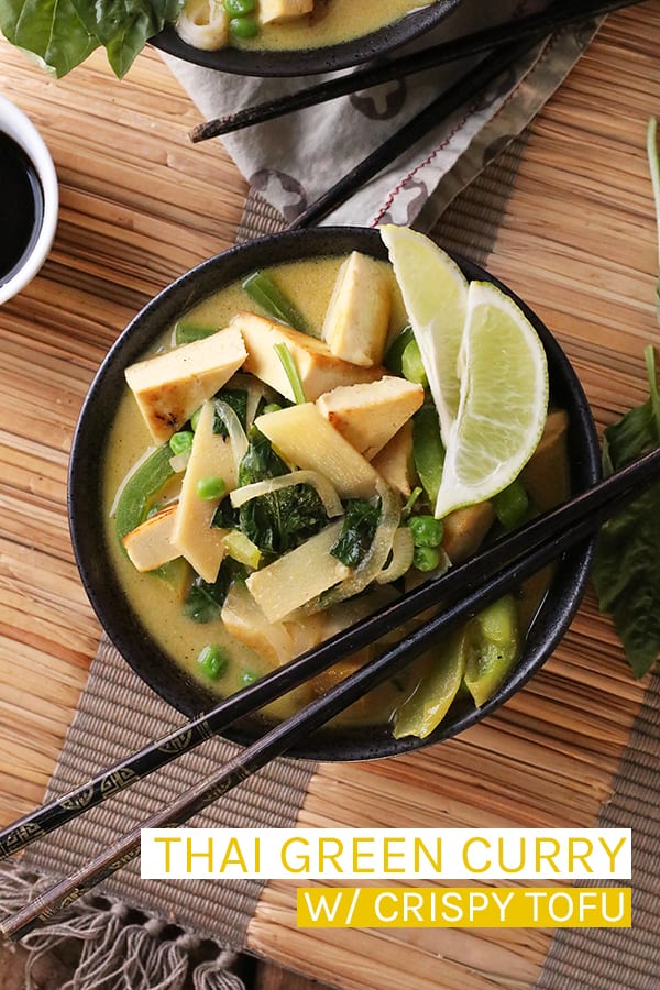 This vegan Thai Green Curry with Tofu is filled with fresh green vegetables and pan-fried tofu for a easy healthy and delicious weeknight meal. #vegan #curry #veganmeals #dinner #dinnerrecipes #easyrecipes #glutenfree #mydarlingvegan