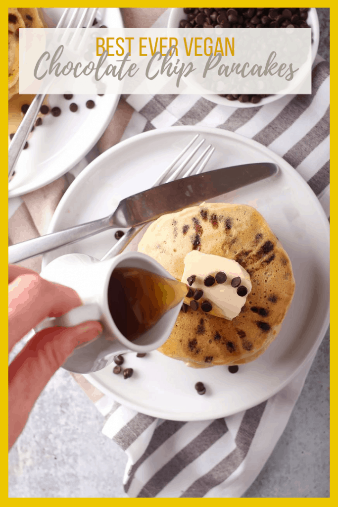 These decadent vegan Chocolate Chip Pancakes are the best way to start your day! Fluffy, sweet, and filled with chocolate in every bite, this is a breakfast worth getting out of bed. Made in under 20 minutes!