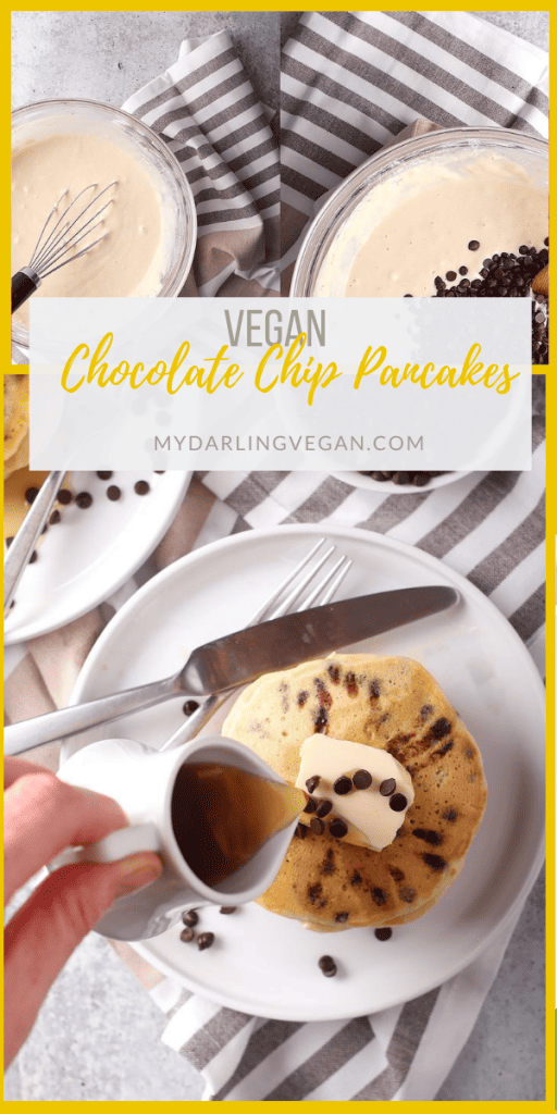 These decadent vegan Chocolate Chip Pancakes are the best way to start your day! Fluffy, sweet, and filled with chocolate in every bite, this is a breakfast worth getting out of bed. Made in under 20 minutes!