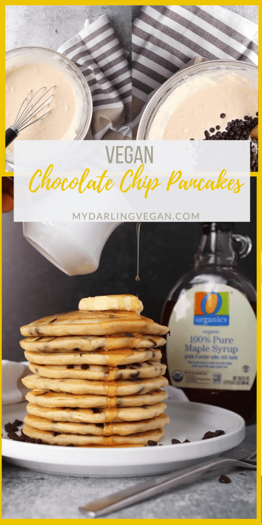 These decadent vegan Chocolate Chip Pancakes are the best way to start your day! Fluffy, sweet, and filled with chocolate in every bite, this is a breakfast worth getting out of bed. Made in under 20 minutes!