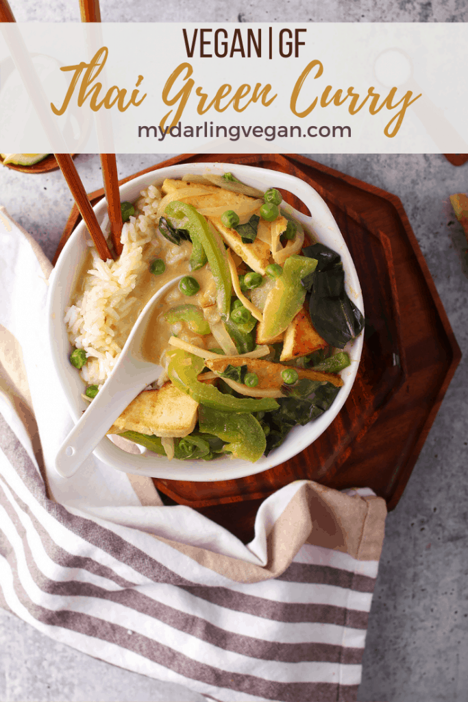 This Thai Green Curry is filled with fresh green vegetables and pan-fried tofu for an easy healthy and delicious weeknight meal. Vegan and Gluten-free; made in under 30 minutes